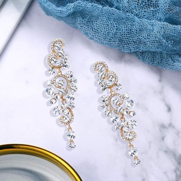 Yellow Gold with White Diamond Austrian Crystal Chandelier Post Back Earrings - Picture 2 of 5